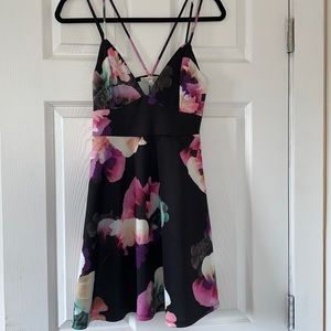 Floral print, black, skater skirt styled mini dress